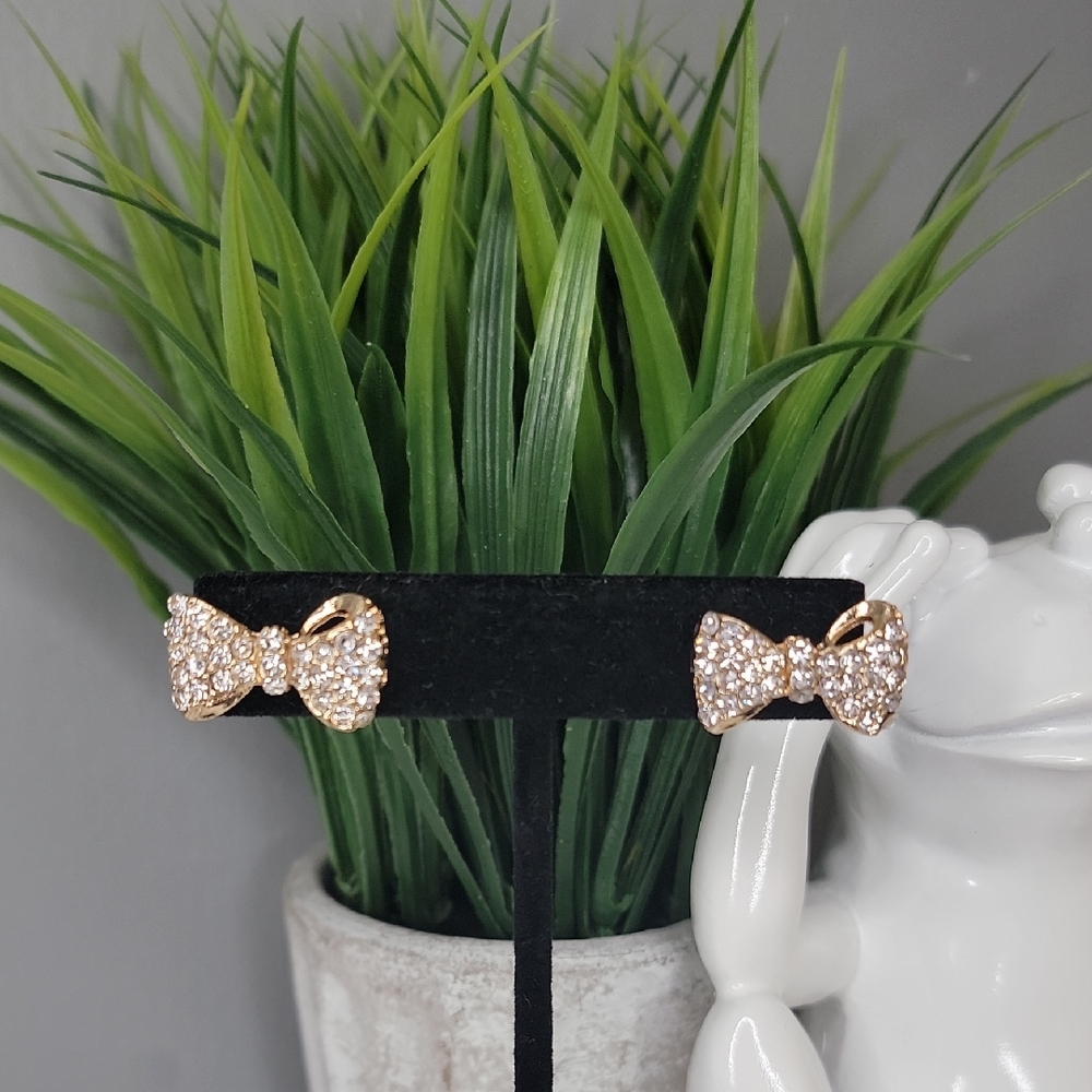 Sparkling Gold Bow Stud Earrings